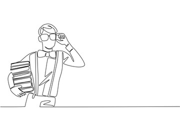 Single one line drawing man wear a long sleeved shirt with suspender carrying stack of books hold glasses. Funny behavior. Ridiculous. Geek Pride Day. Continuous line design graphic illustration