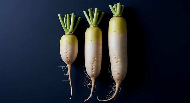 Three Daikon Radishes with Green Tops and Roots on Dark Blue Background root vegetable