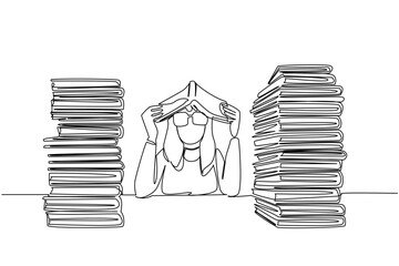 Continuous one line drawing a woman dressed as a nerd, placed an open book on her head. Read a lot, gain a lot of benefits. Funny. Educate. Geek Pride Day. Single line draw design vector illustration