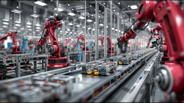 Robotic Assembly Line: A detailed shot showcases a modern robotic assembly line in a factory, with advanced automation systems efficiently working together.