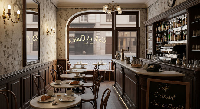 Classic Parisian cafe scene with marble tables, croissants, and coffee, perfect for evoking feelings of travel, relaxation, and enjoying a cozy morning