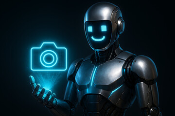 Dark-themed image of a futuristic silver robot holding a glowing blue camera icon in its hand, representing artificial intelligence in photography, vision, and digital media