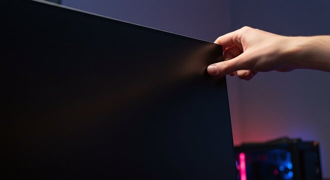 Hands adjusting the position of a computer monitor, highlighting modern office technology.Concept of office technology and workspace setup.