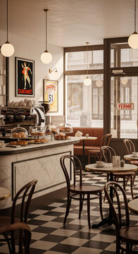 Charming Parisian caf&eacute; scene with fresh pastries and classic bistro chairs, inviting customers to relax and enjoy authentic French flavors in a vintage setting
