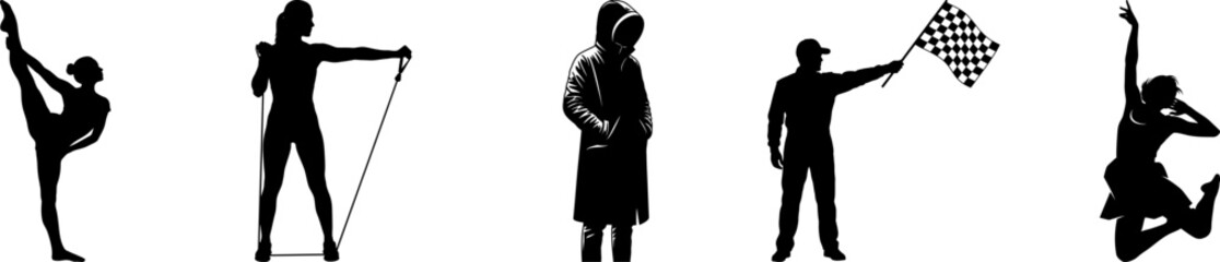 Silhouettes of five diverse figures in dynamic poses showcasing athletic and artistic movements against a stark white background