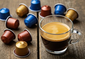 Espresso in a glass with colorful coffee capsules on a wooden surface.