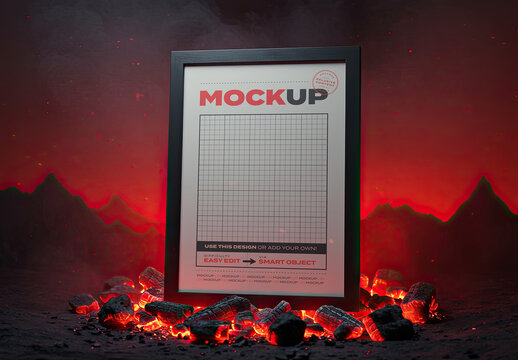 Vertical Poster Frame Mockup on Coal Embers
