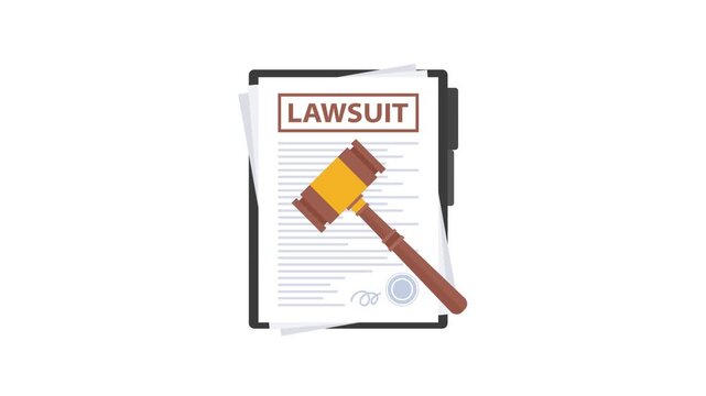 Lawsuit document and judge gavel appearing on clipboard animation