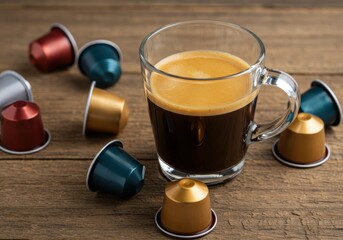 Coffee cup with espresso and coffee capsules on a wooden surface.