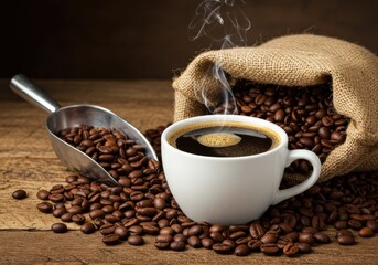Steaming cup of coffee with roasted beans and a scoop on a wooden surface.