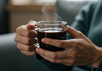 Person holding a steaming cup of coffee