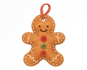 Fototapeta premium Watercolor felt gingerbread man ornament with stitched details, colorful buttons, white embroidery and red ribbon, cute handmade Christmas decoration for winter holiday design. Vector illustration.