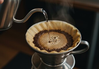 Pouring hot water over coffee grounds in a pour-over coffee maker.