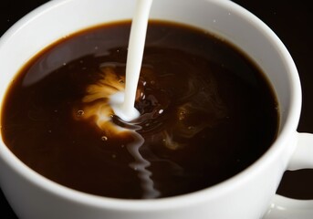 Milk being poured into a cup of coffee