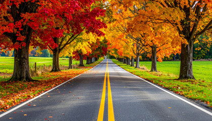 Obraz premium Countryside road lined with colorful autumn maple trees