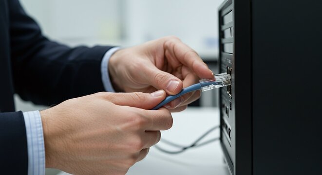 Hands connect an ethernet cable to a network device in a modern office environment.Concept of office technology and network connectivity. - Powered by Adobe