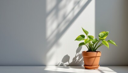 Minimalist Green Potted Plant White Surface