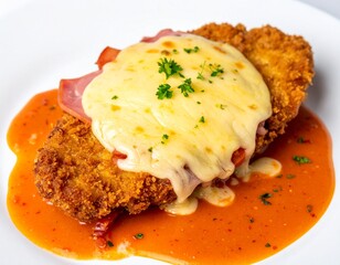 Classic Argentine Milanesa a la Napolitana, breaded beef schnitzel topped with tomato sauce, ham, and melted cheese, photographed cleanly isolated on a white background.