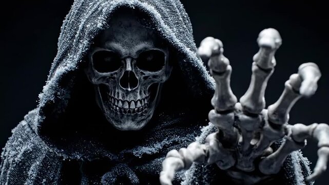 Hooded skeletal reaper reaches forward with bony hand, hollow eye sockets and weathered skull beneath a tattered frost-dusted cloak, looming from smoky darkness in a chilling spectral tableau