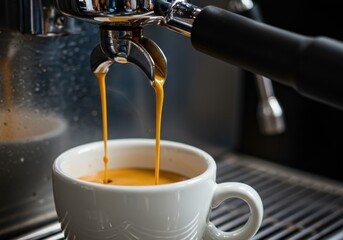 Espresso being poured into a white mug from a professional coffee machine.