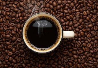 A steaming cup of coffee sits atop a bed of roasted coffee beans.