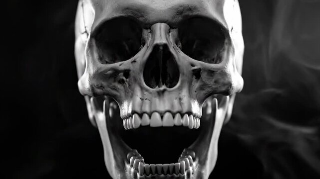 A stark monochrome close-up of a human skull with gaping jaw, crisp teeth and shadowed eye sockets set against swirling smoke, dramatic contrast evoking mortality and eerie silence. ominously