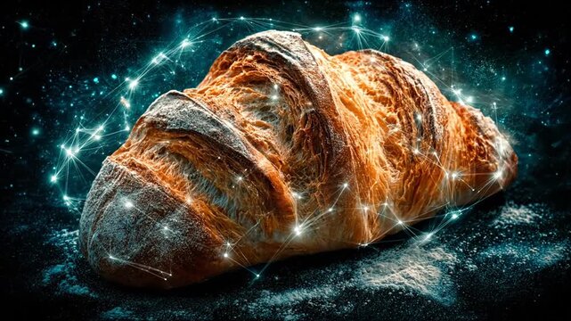 Freshly baked bread loaf with glowing network connection concept