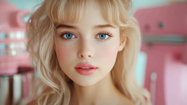 Beauty lifestyle video of a cute blonde woman with blue eyes in a pink kitchen. Sweetness, innocence, baking culture. Ideal for food vlogs, commercials, and social media footage.