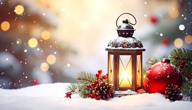 Glowing lantern with red ornament, pine branches, berries, and falling snow on festive snowy surface.