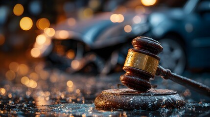 gavel and car accident scene at night concept