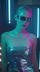 Woman in futuristic dress, vibrant lighting