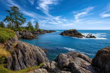 Fototapeta premium Rocky coastline with trees blue water and wispy clouds