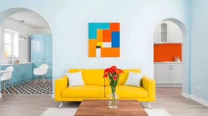 An integrated space with a yellow and orange living room connected by an arch to a vibrant blue kitchen. A modern and inviting contrast for residential spaces.