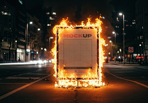 Vertical Street Sign on Fire Mockup