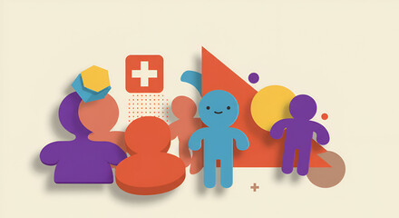 Graphic design with diverse characters, medical symbol and geometric shapes