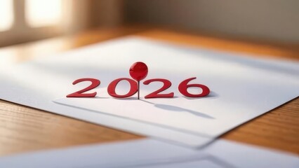 "Red 2026 numbers pinned on a corkboard with shadow, concept for new year, planning, and future goals"