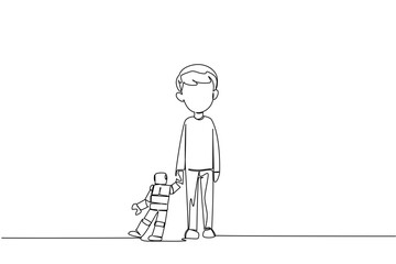 Single one line drawing a boy stands and looks down dejectedly holding a robot. Failed human trafficking. Trauma. Abuse. National Missing of Children Day. Continuous line design graphic illustration