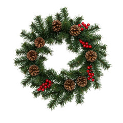 Fototapeta premium Festive christmas wreath with pinecones and red berries decorated evergreen garland isolated on transparent background