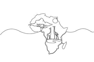 Continuous one line drawing the African continent with 2 giraffes, the sun and big tree in the middle. Endemic mammals. Savannah habitat. Global Africa Day. Single line draw design vector illustration