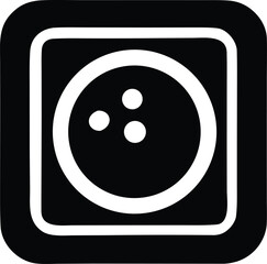 Simple graphic icon depicting a bowling ball with three finger holes inside a rounded square border element