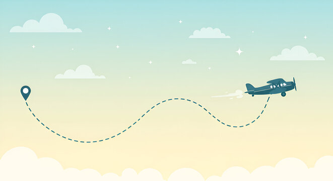 Charming vector illustration of a small plane flying through a pastel sky
