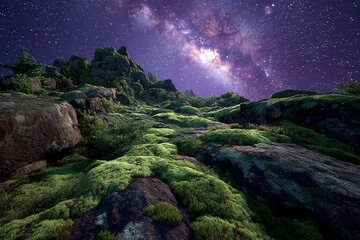 Starry purple nightscape with rocky foreground