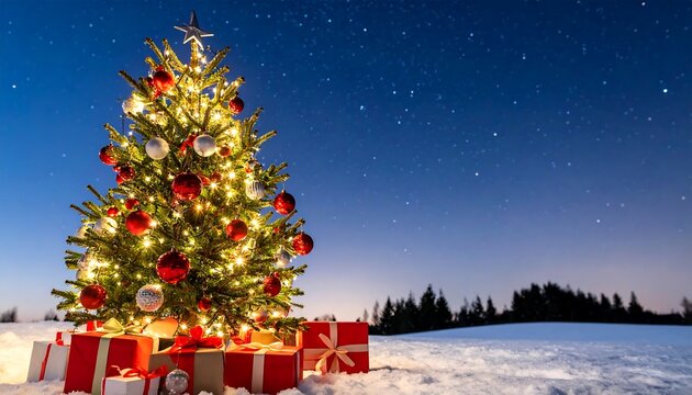 Outdoor Christmas tree with red and silver ornaments, glowing lights, gifts, and starry snowy night backdrop.