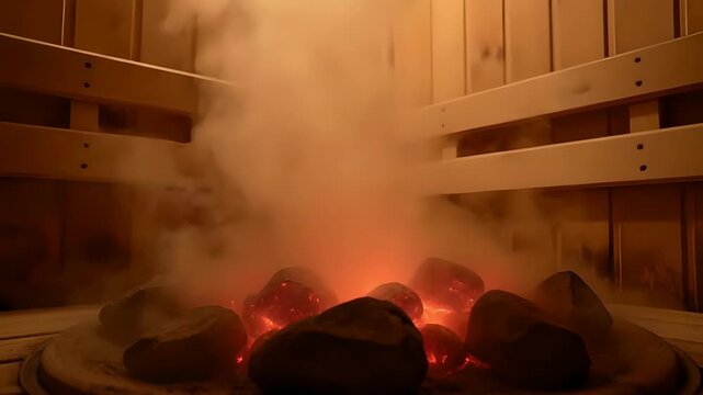Water Poured on Hot Sauna Stones Creating Steam