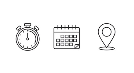 Time management and scheduling concept featuring stopwatch, calendar, and location pin
