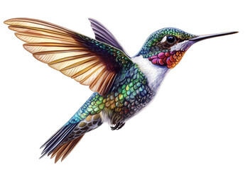 Fototapeta premium A vibrant hummingbird isolated on transparent background, showcasing its iridescent plumage and delicate wings in midflight, capturing the essence of natures beauty