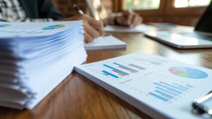 Business meeting with charts and reports for analysis.