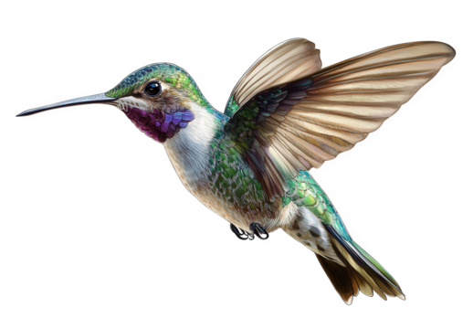 A captivating hummingbird isolated on transparent background, displaying its intricate feather patterns and graceful form in a moment of suspended animation, a true marvel