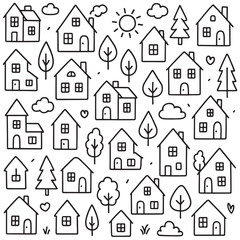 Handdrawn Doodle House Seamless Pattern Cute Minimalist Black and White Style