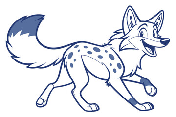 Cartoon Spotted Hyena Running on White Background with Outlined Blue Design